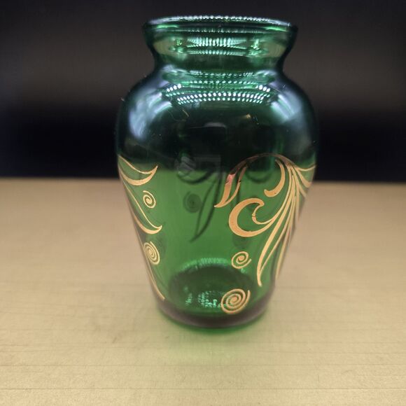 VTG Forest Green Depression Glass Vase Embellished w Gold Gilt Leaves 3.5" tall - Picture 2 of 8